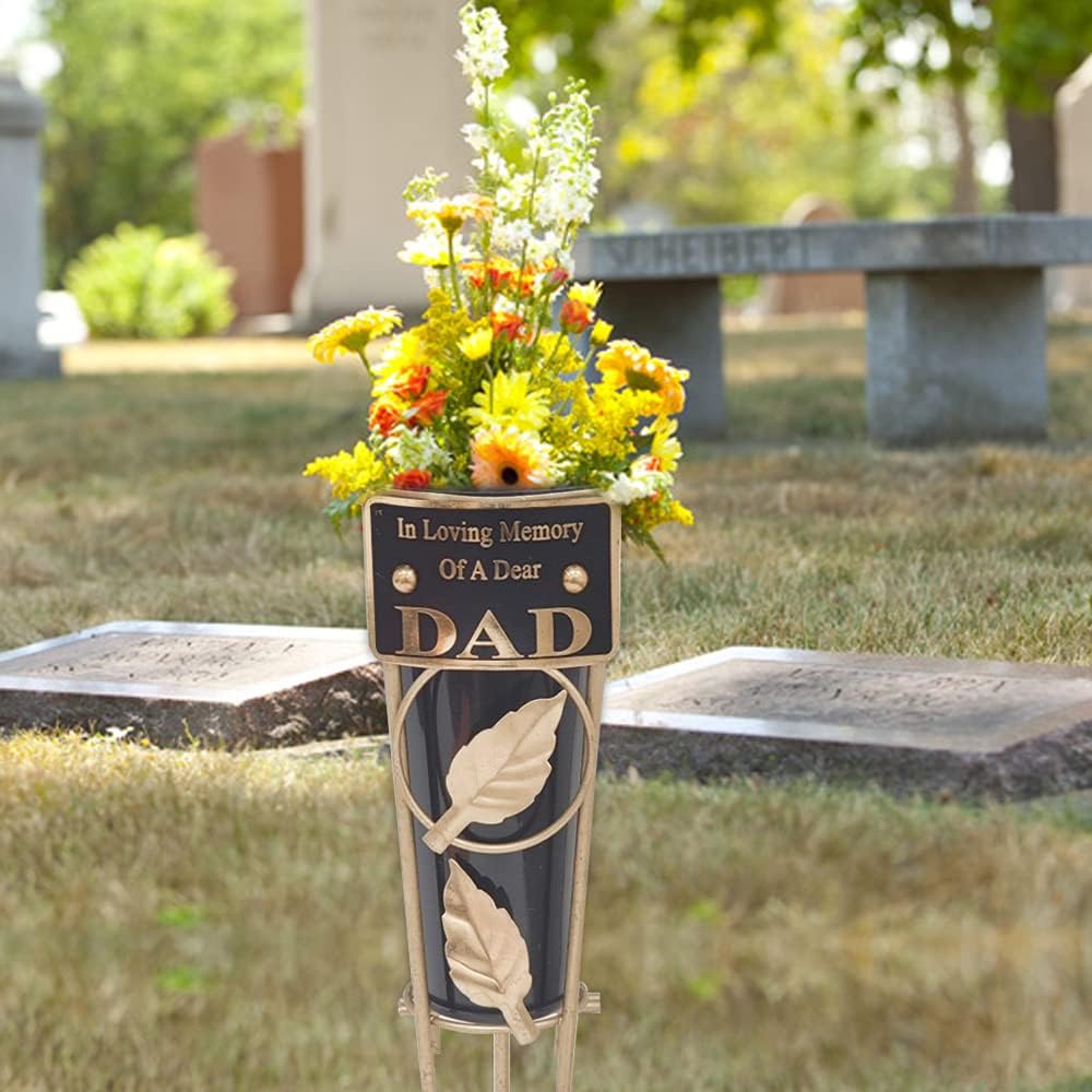 Grave Vases with Spike Grave Ornaments - Memorial Plaques/Black Vases Flower Holders with Personalised Quotes; Metal Spikes Grave Decorations in Loving Memory of your Loved Ones (Dad)