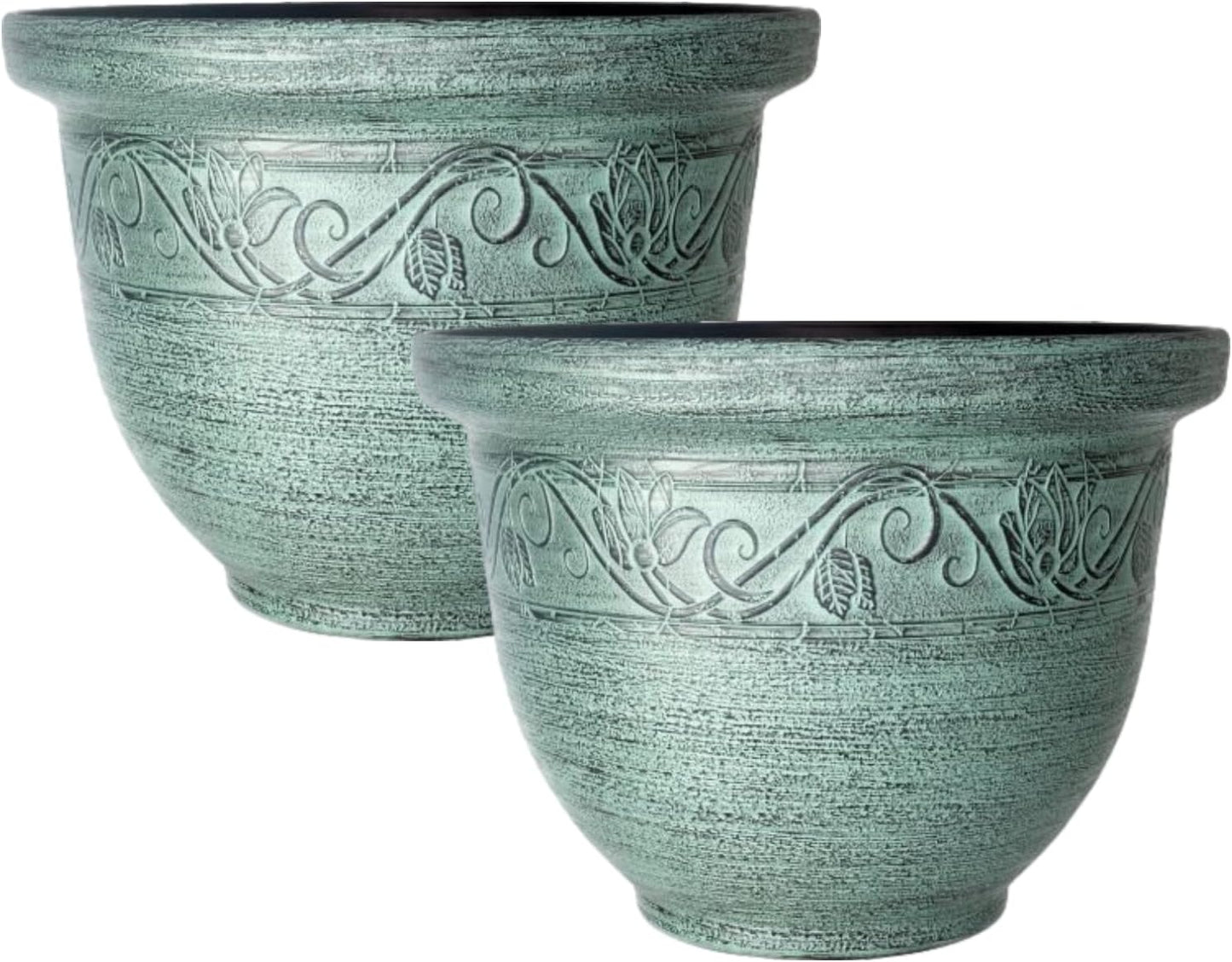 CTI Living Set of 2 Round 30cm 12 Inch Garden Plant Pot Green Turquoise Flower Outdoor Bell Planter Weatherproof Drainage Hole