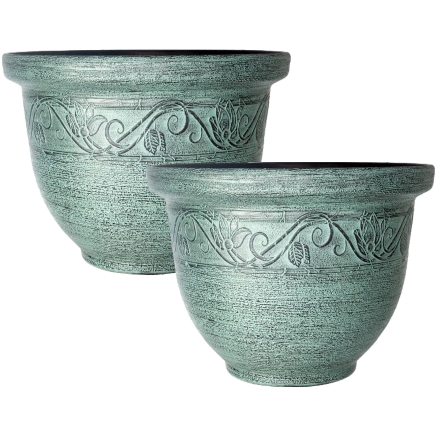 CTI Living Set of 2 Round 30cm 12 Inch Garden Plant Pot Green Turquoise Flower Outdoor Bell Planter Weatherproof Drainage Hole