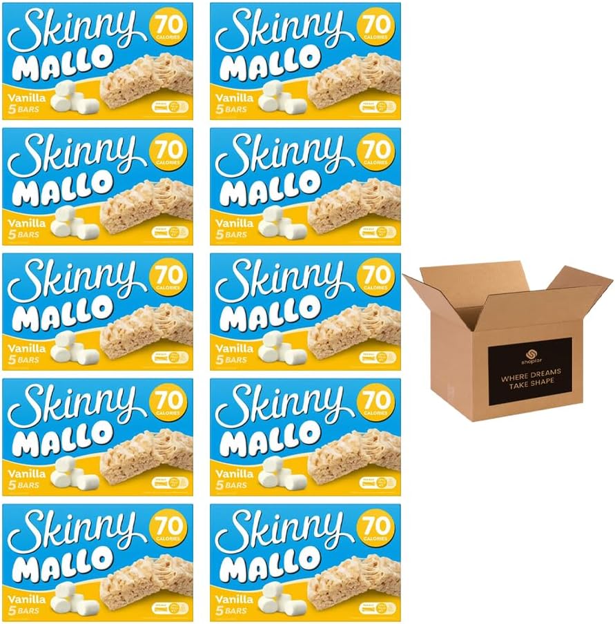 5 × Skinny Mallo Bars – Low Calorie Marshmallow Cereal Bars | Under 70 Calories Sweet Snack Treats for Kids & Adults, Healthy Snack Bars for Lunchboxes | (Pack 3(15 Bars), Vanilla)