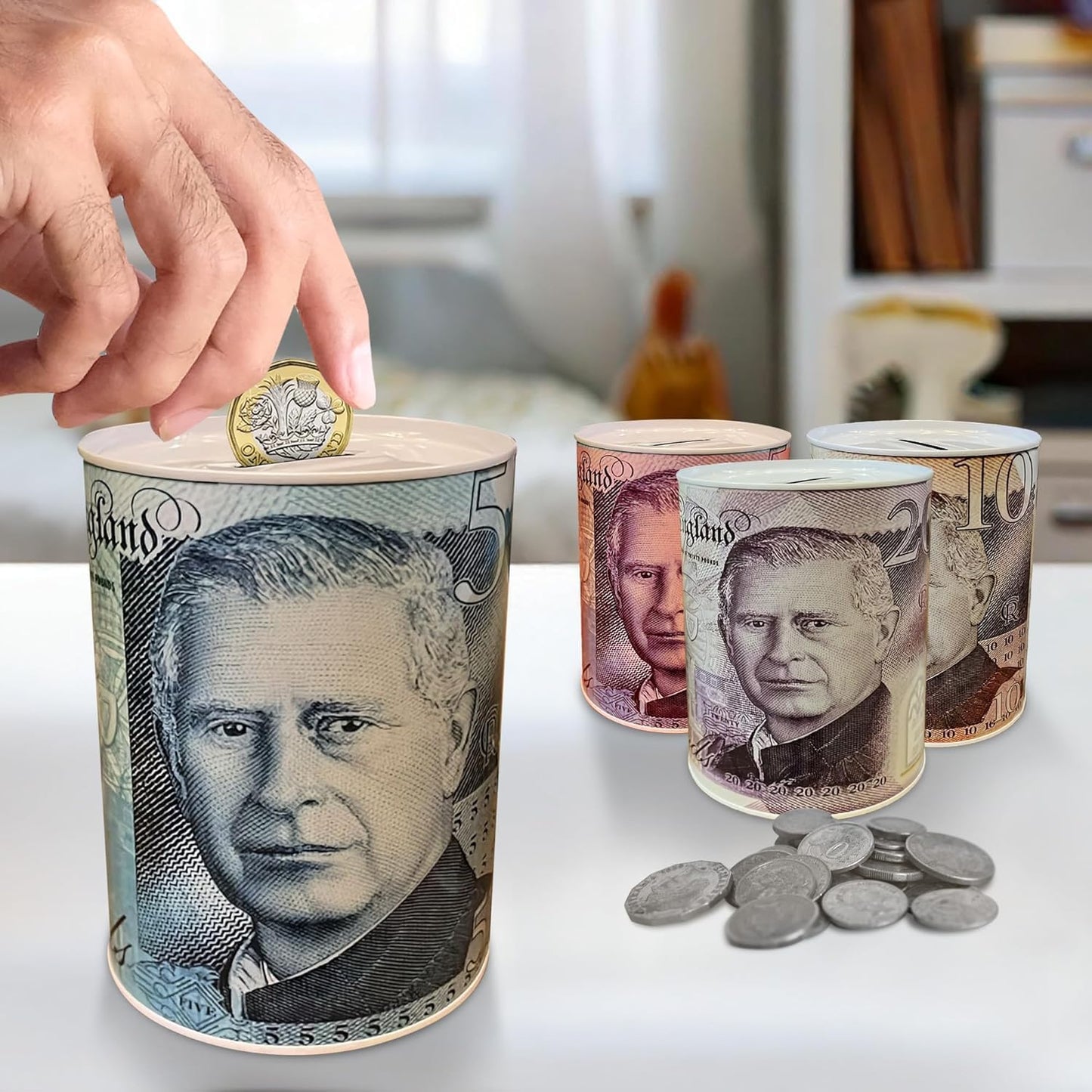 Set of 4 - Pound Note Design Money Tin - Piggy Bank Savings Box for Coins and Cash | Sterling Money Pot Tinplate Saving Money Box |£5 £10 £20 £50 | Size: 15cm x 10cm (King note design)