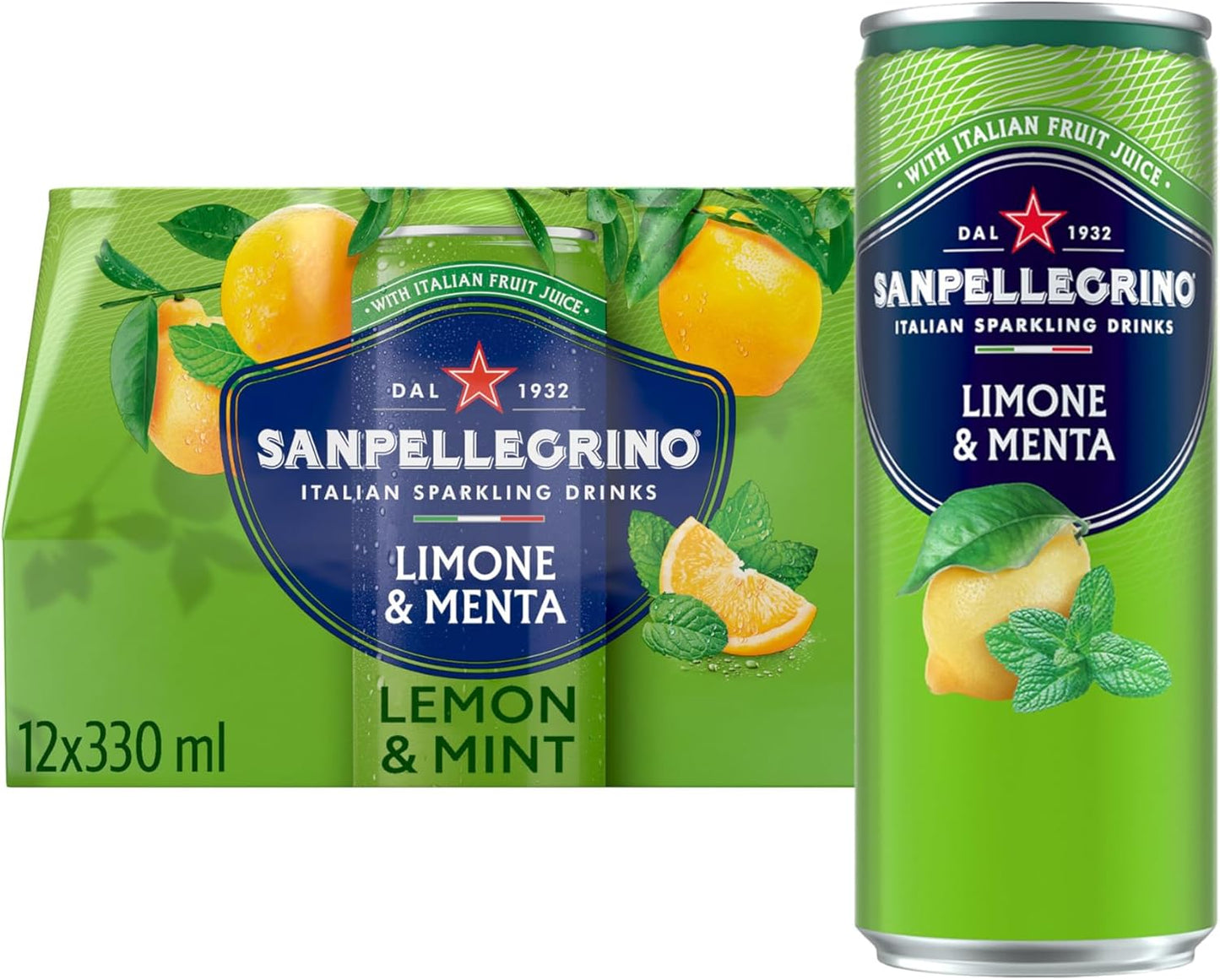 San Pellegrino Italian Sparkling Drinks Tastefully Light Sparkling Lemon & Mint Canned Soft Drink 12 x 330ml, 74 kCals per Can
