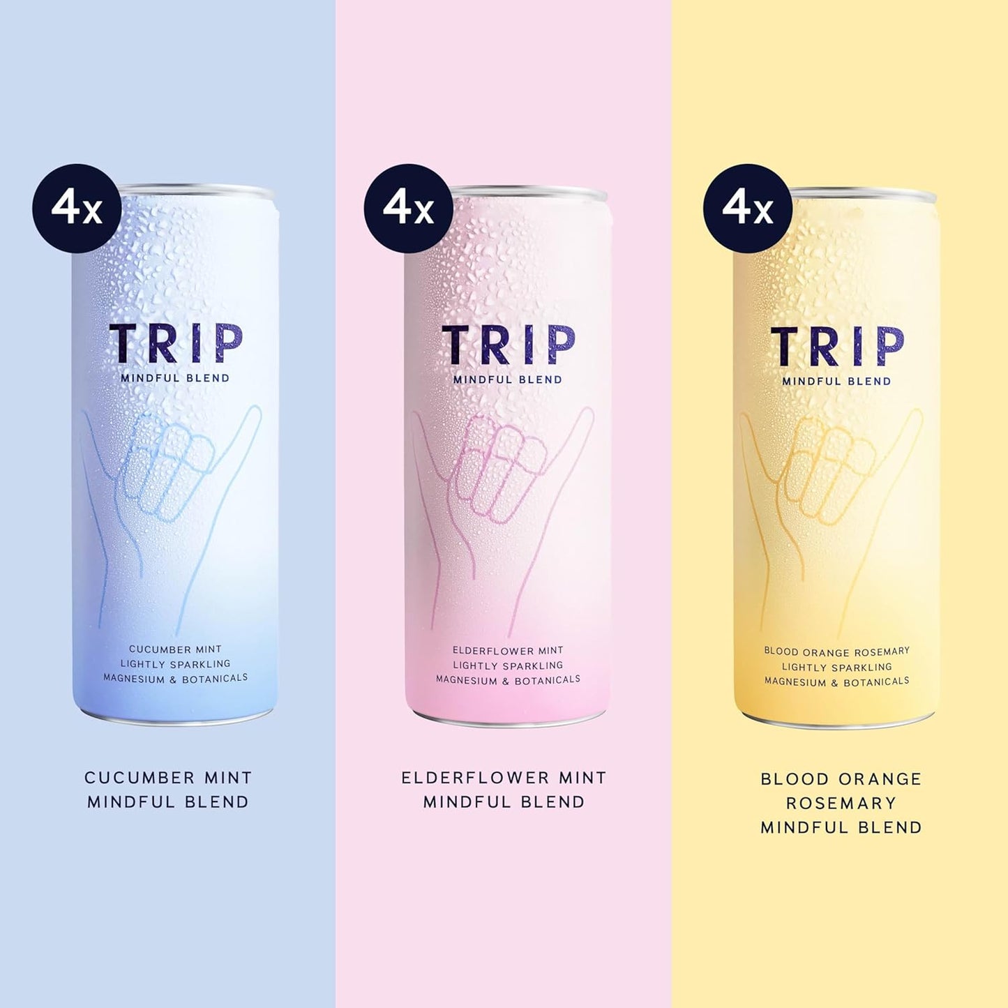 TRIP Mindful Blends - Mixed Pack Sparkling Drink with 1440MG Magnesium + Lion’s Mane + Chamomile + Lemon Balm. Low Calorie and Vegan (Pack of 12 x 250ml)