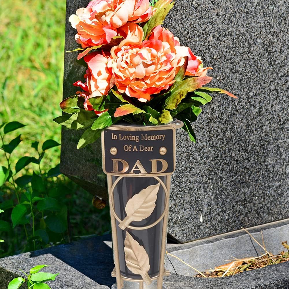 Grave Vases with Spike Grave Ornaments - Memorial Plaques/Black Vases Flower Holders with Personalised Quotes; Metal Spikes Grave Decorations in Loving Memory of your Loved Ones (Dad)