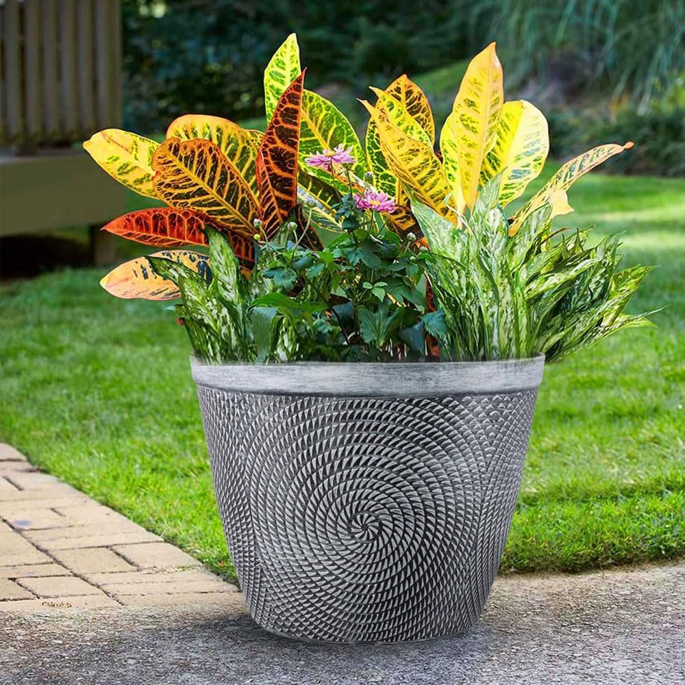 shopior Round Grey Plastic Plant Pot with Spiral Glossy Effect – Outdoor & Indoor Planter with Drainage Holes | Frost Proof Garden Flower Pot – Decorative Modern Patio Plant Container (23cm-Pack 2)
