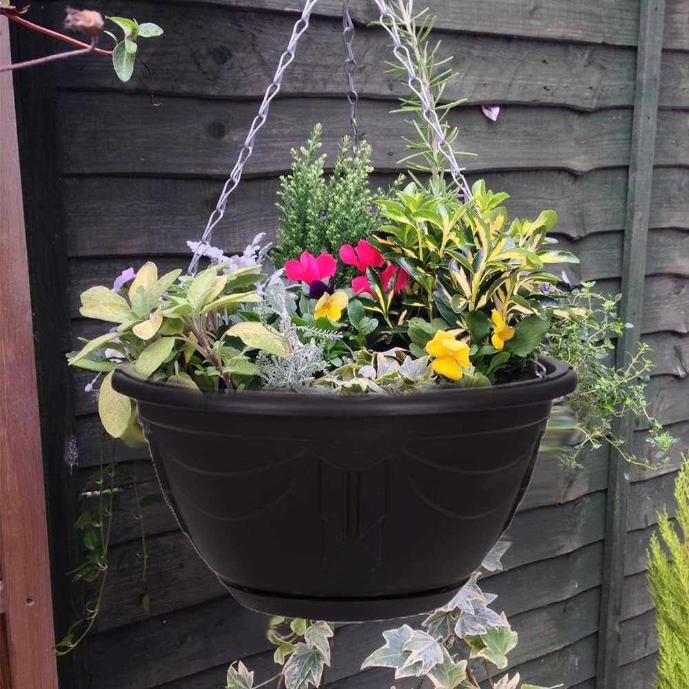 Flower and Herb Plastic Hanging Basket | Plant Saucer for Indoor Outdoor | Wall Planters | Plant Pots for Succulents | Hanging Flower Pots for Garden, Balcony - 32cm (Black - Pack 1)