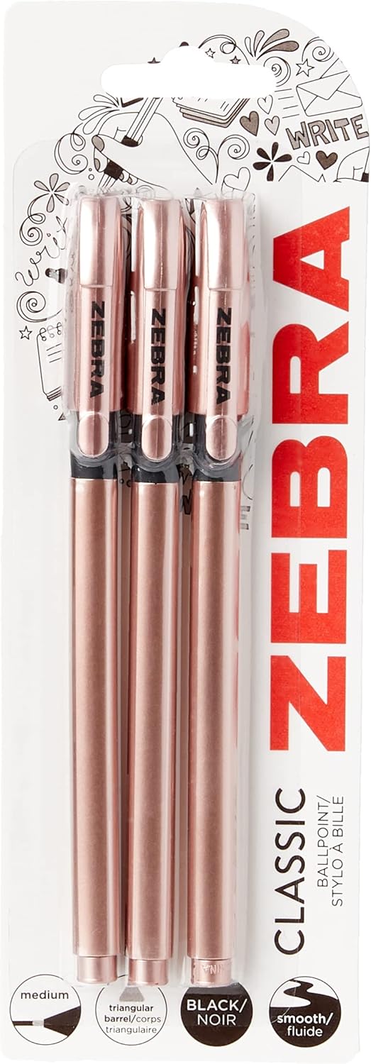 Zebra Pen Z Grip Black Pens Ballpoint, Super Trendy Rose Gold Ballpoint Pens With Triangular Barrel, Black Ink, Reliable Black Biro Multipack For Everyday Use - Medium Point, 3 pk