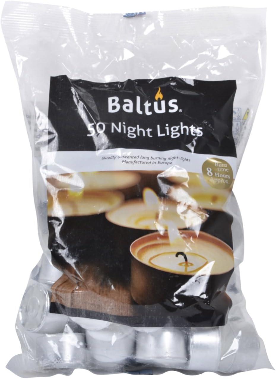 Baltus Pack of 50 Unscented Wax Night Lights Tealights Candles 8 Hour Burn Time