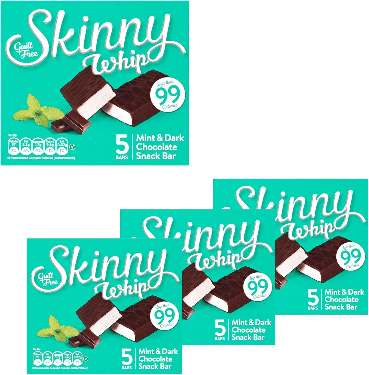 New Skinny Whip Snack bars less than 99 Calories 5 Variations Multi-Pack (Mint & Dark Chocolate, 4 Boxes)