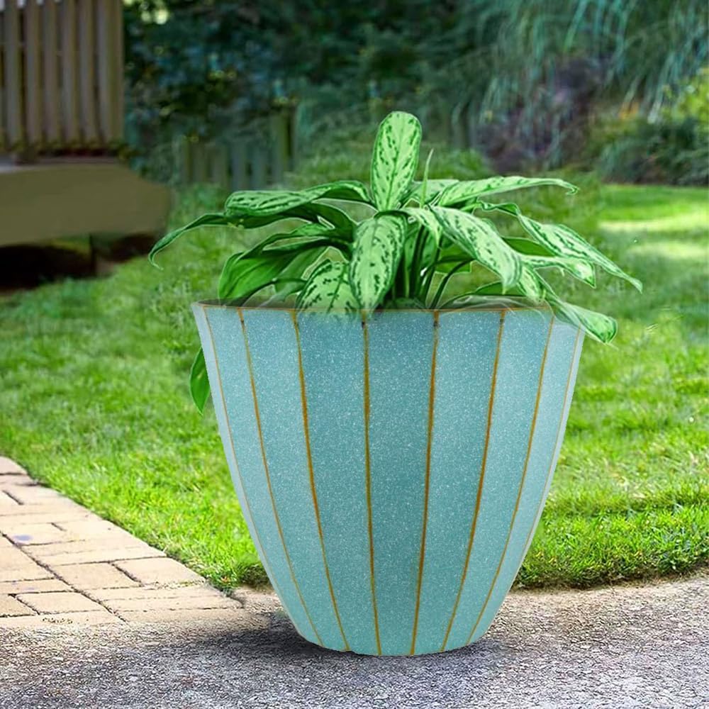 Patina Copper Planters | Garden Decor Planting Pot 26L – Plastic Garden Plant Pots with Drainage Holes | Weatherproof Decorative Patio Flower Pot for Outdoor & Indoor Use (Patina Copper-40cm, Pack 2)