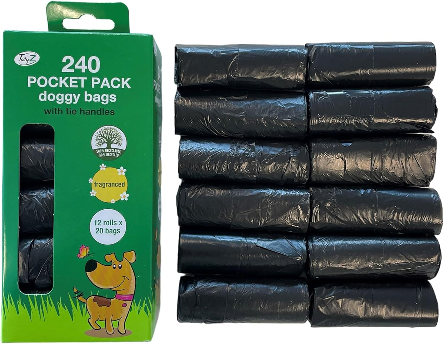 TidyZ 240 DOGGY BAGS WITH TIE HANDLES, POCKET PACK, FRAGRANCED, BLACK (12 rolls of 20 Bags)