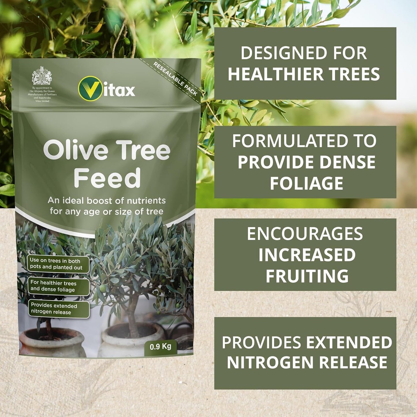 Olive Tree Feed, Suitable For Borders, Pots & Containers, Encourages Healthy Growth, Plant Food, and Garden Products – 900 g (Single Pack)