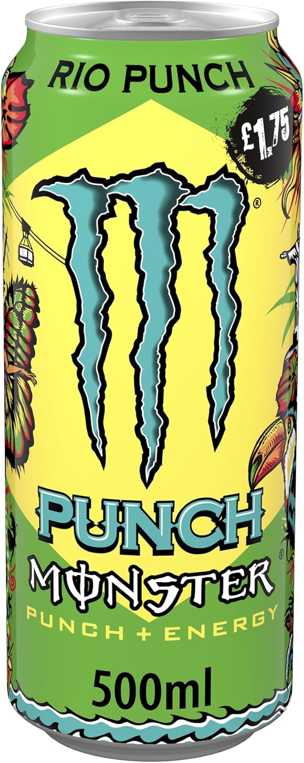 Monster RIO PUNCH Energy Drink 12 x 500ml Cans Tropical Flavour High Caffeine Carbonated Energy Beverage