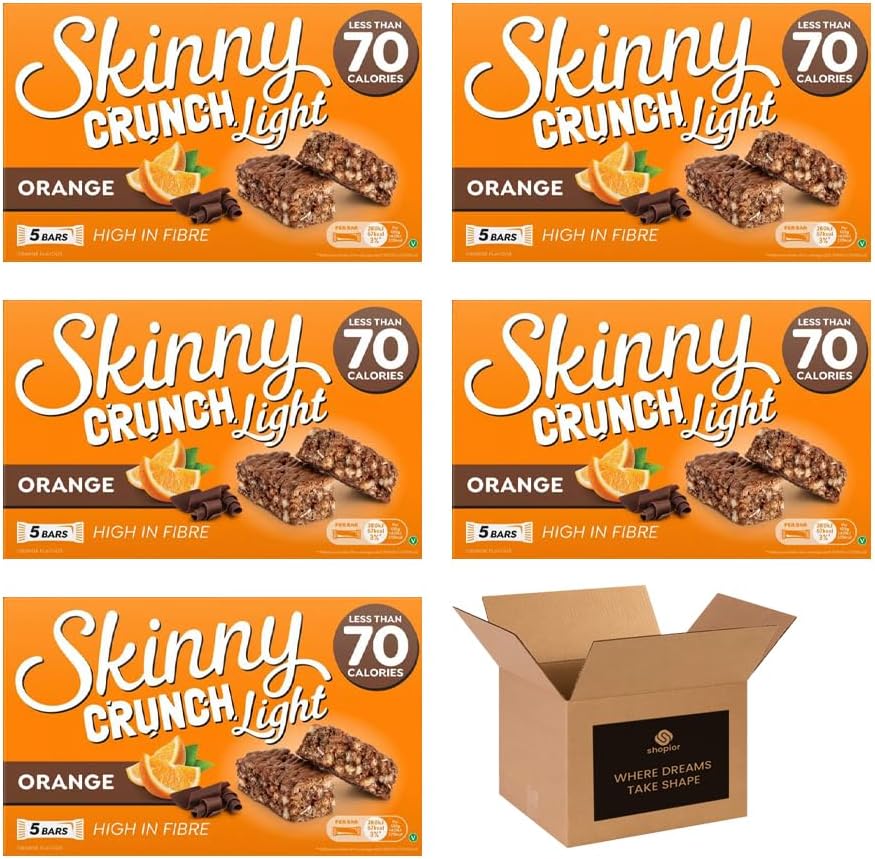5 × Skinny Crunch Snack Bars – Less Than 90 Calories | High Fibre Cereal Bars Milk Chocolate Flavoured Coating | Snacks for Kids and Adults | Sweet Treat Gifts (Pack 3(15-Bars), Orange)