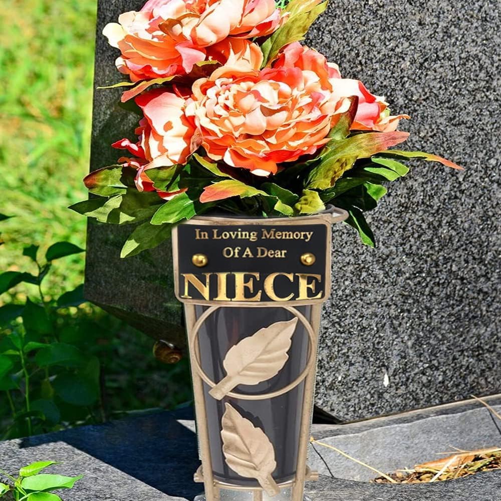 Grave Vases with Spike Grave Ornaments - Memorial Plaques/Black Vases Flower Holders with Personalised Quotes; Metal Spikes Grave Decorations in Loving Memory of your Loved Ones (Niece)