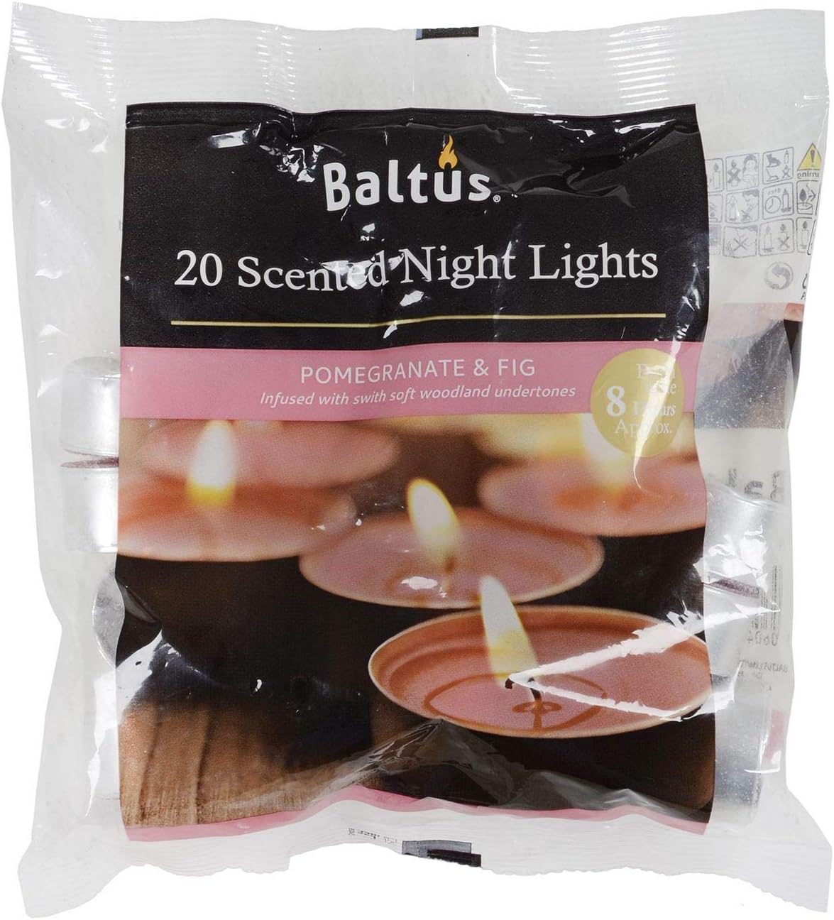 Baltus 20 Pack of Tealights Night Lights 8hr Burn Pomegranate & Fig Scented Home Accessory