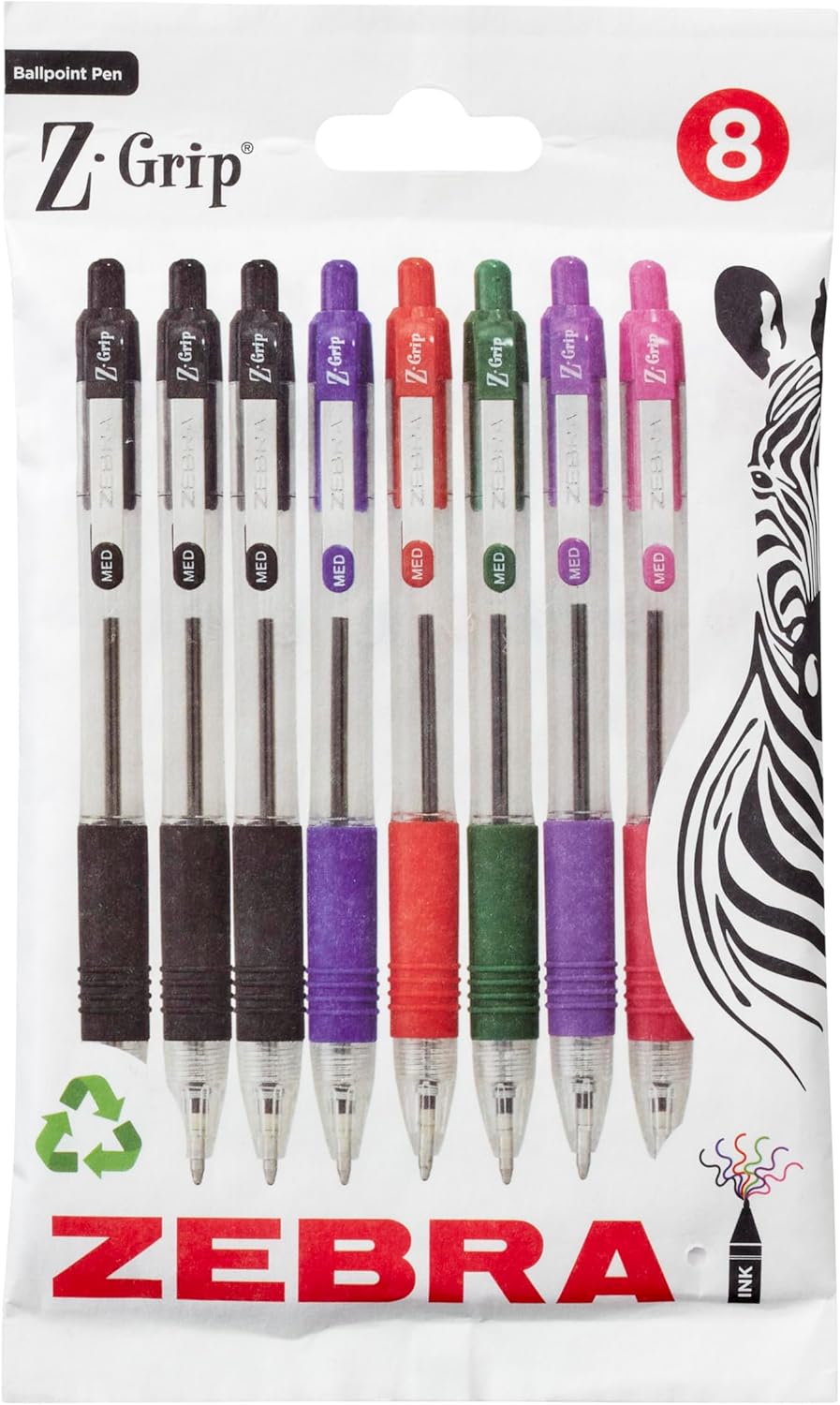 Zebra Pen Z Grip Black Ballpoint Pens with Pocket Clip 8pk, Retractable Black Ink Ballpoint Pens, Reliable Black Biro Pens Multipack for Everyday Use Design, New Pack Size 8pk