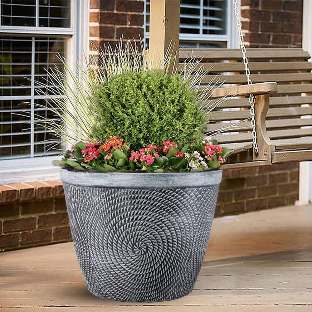 shopior Round Grey Plastic Plant Pot with Spiral Glossy Effect – Outdoor & Indoor Planter with Drainage Holes | Frost Proof Garden Flower Pot – Decorative Modern Patio Plant Container (23cm-Pack 2)