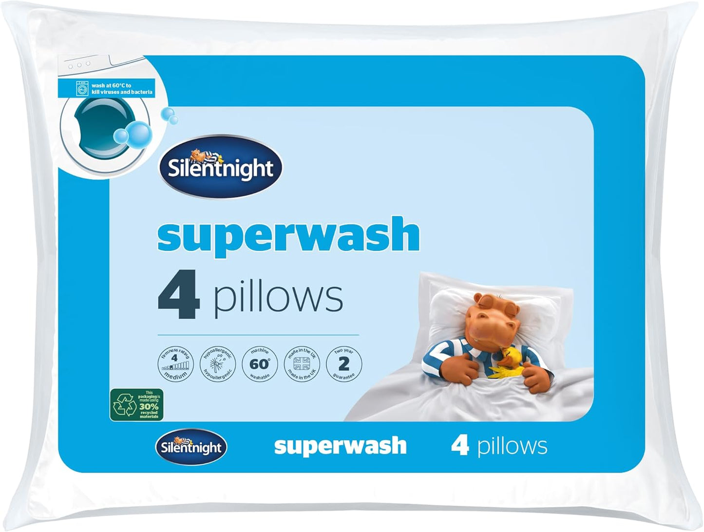 Silentnight Superwash Pillows 4 Pack - Pack of 4 Medium Support Pillows Designed to Withstand Repeated Machine Washing for Fresh and Hygienic Sleep - Hypoallergenic,White