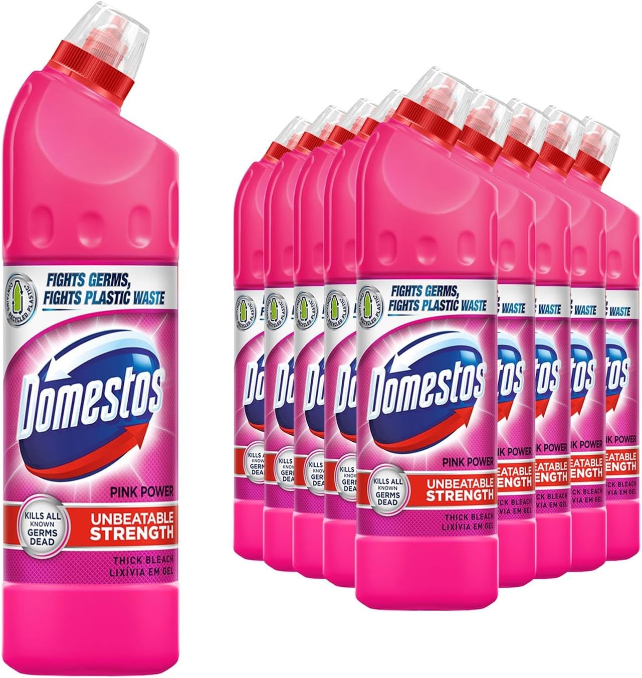 Domestos Thick Bleach Pink Power Multi-Purpose Disinfectant Anti-Bacterial Surface Cleaner Gel Limescale Remover for Toilet, Bathroom and Kitchen, 750ml (Buy 9)