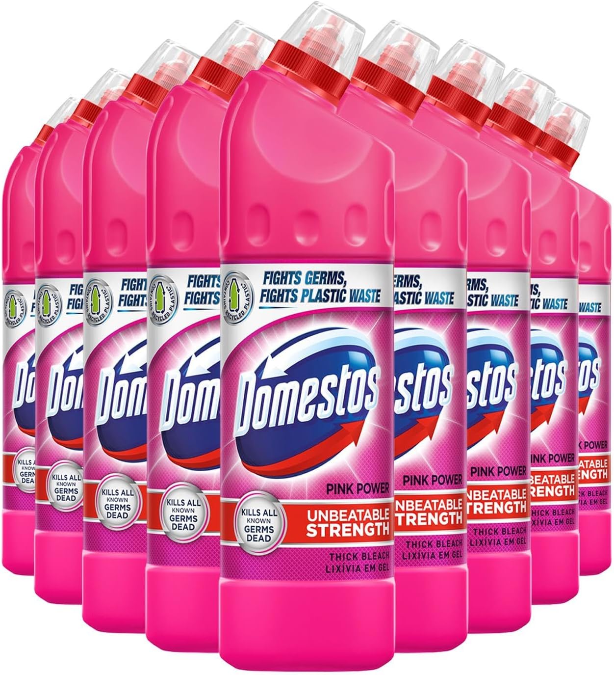 Domestos Thick Bleach Pink Power Multi-Purpose Disinfectant Anti-Bacterial Surface Cleaner Gel Limescale Remover for Toilet, Bathroom and Kitchen, 750ml (Buy 9)