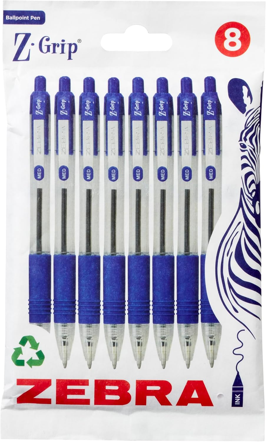 Zebra Pen Z Grip Black Ballpoint Pens with Pocket Clip 8pk, Retractable Black Ink Ballpoint Pens, Reliable Black Biro Pens Multipack for Everyday Use Design, New Pack Size 8pk