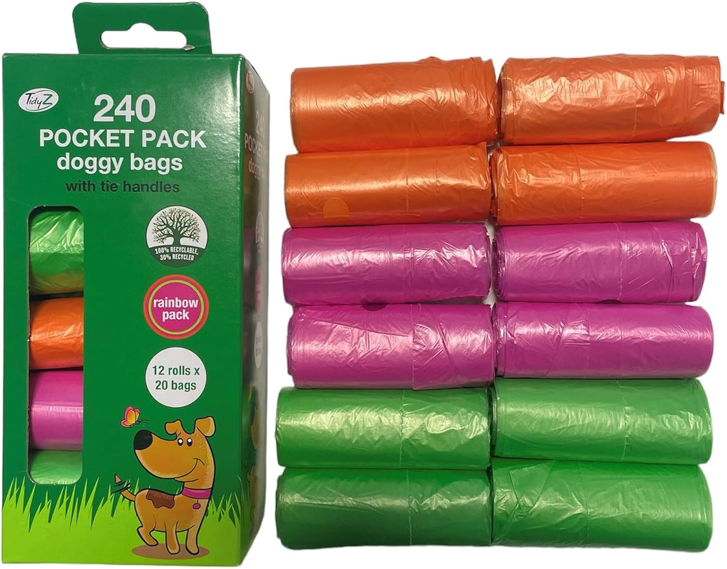 TidyZ 240 DOGGY BAGS WITH TIE HANDLES, POCKET PACK, RAINBOW COLOURS (12 rolls of 20 bags)