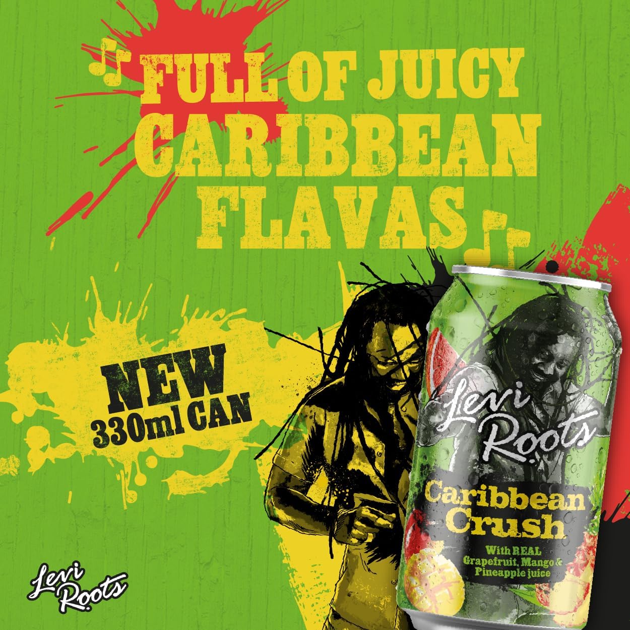 Levi Roots Caribbean Crush – Sparkling Fruit Juice Drink – Grapefruit, Mango & Pineapple – 24 x 330ml Cans – Vegetarian – Tropical Flavour – Party & Vending Pack