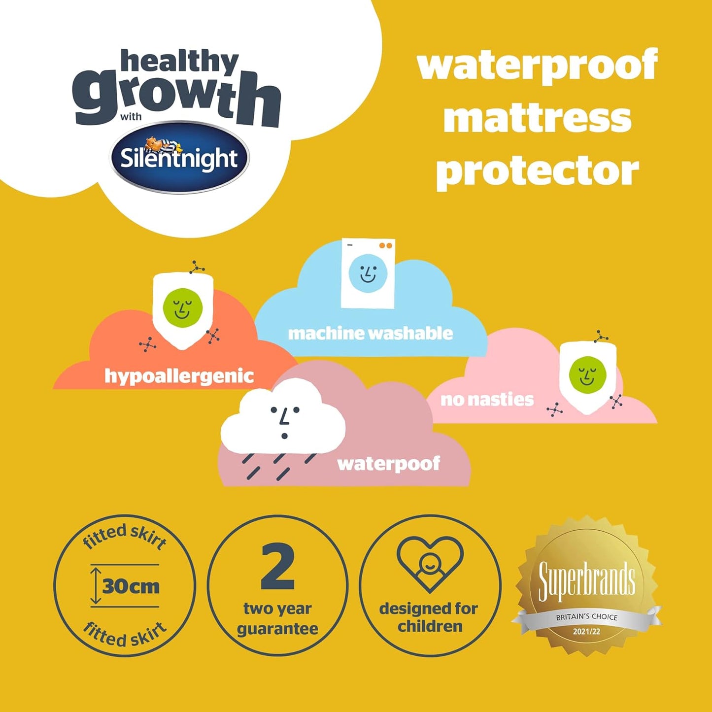 Silentnight Healthy Growth Waterproof Mattress Protector - Deep 30cm Quiet Waterproof Mattress Pad with Fitted Skirt and Soft Touch Cover - Hypoallergenic, Single, White