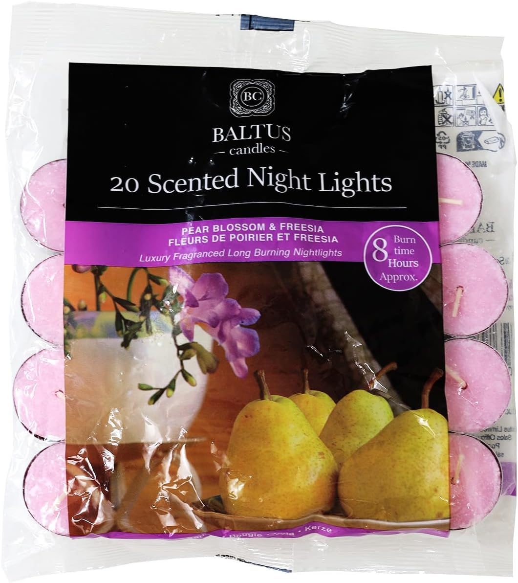 20pc Scented Tealights Night Candle Pear Blossom & Freesia 8hr Burn Time Baltus