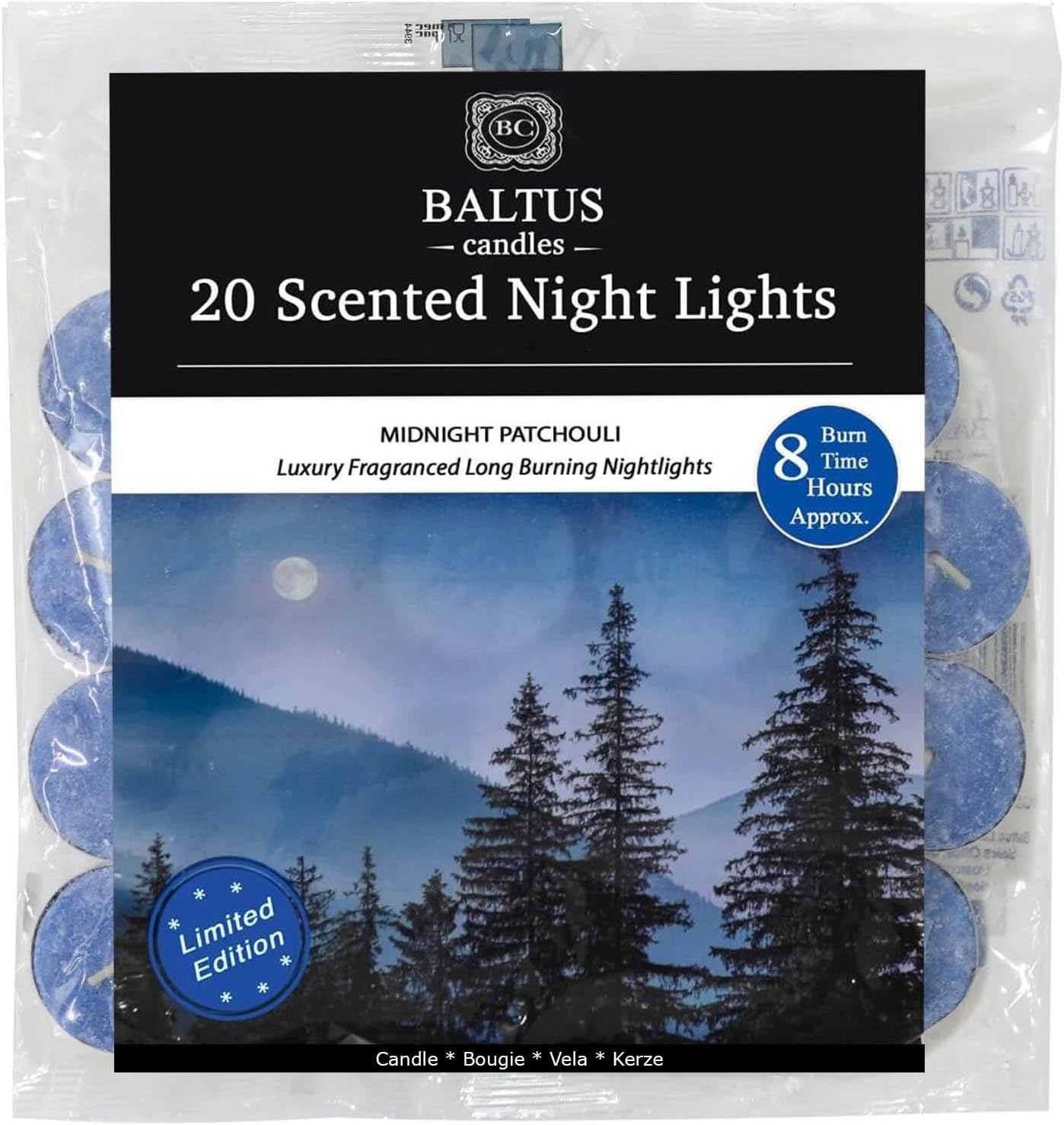 Baltus 20 Pack of Tealights Night Lights 8hr Burn Midnight Patchouli Scented Home Accessory