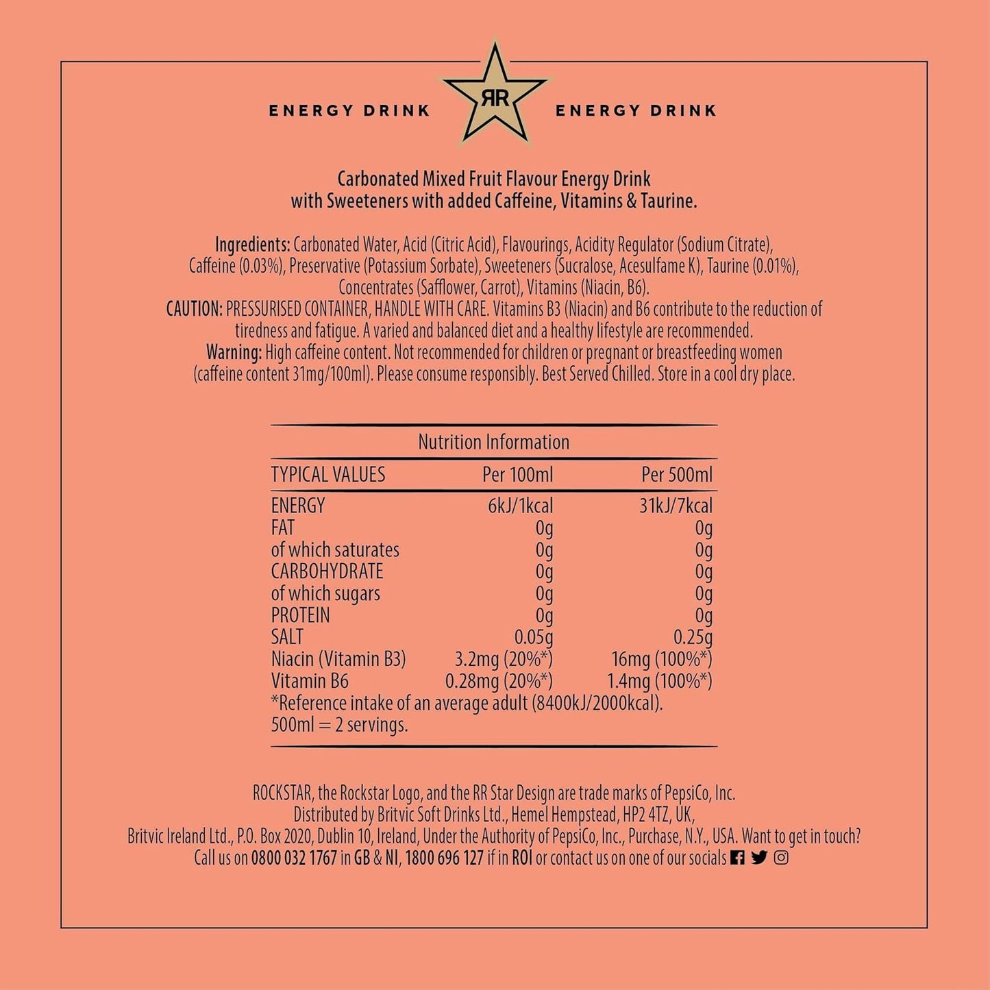 Rockstar Energy Drink - Peach - Non-Alcoholic - 155 mg Caffeine - Caffeinated Drink with Taurine, Niacine and Vitamin B6-12 x 500ml cans
