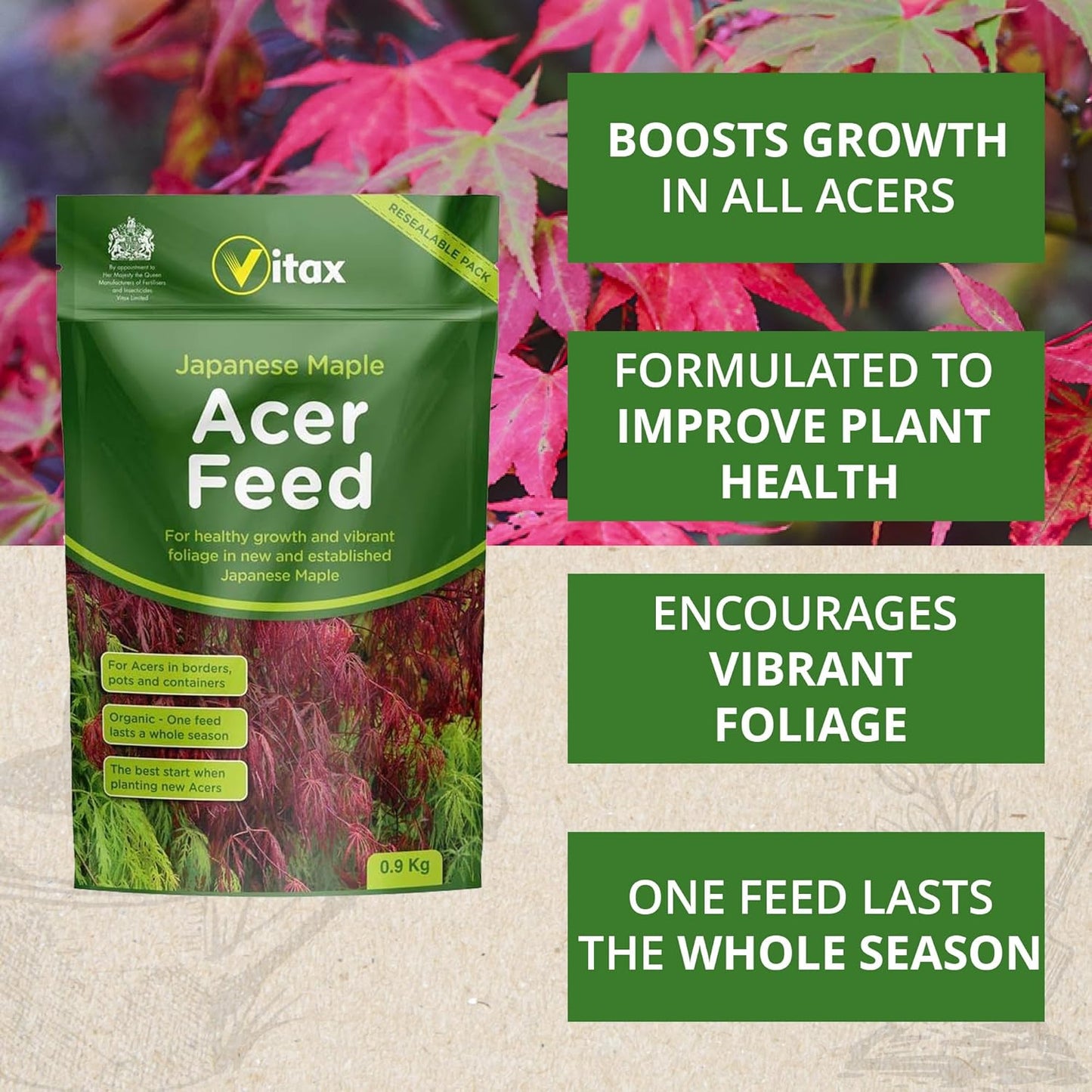 Vitax Acer Feed, Suitable For All Japanese Maple In Borders, Pots & Containers, Promotes For Strong Healthy Growth: 0.9Kg Pouch