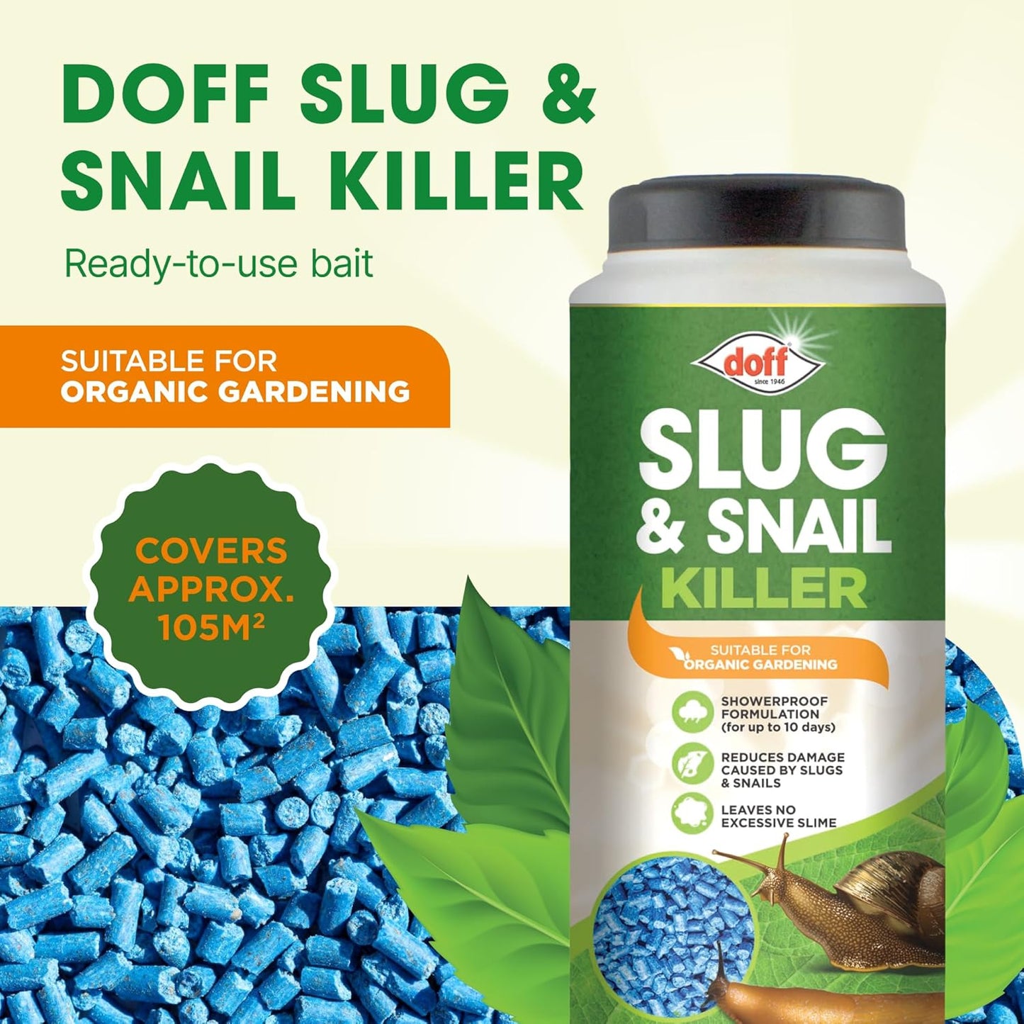 Doff Slug & Snail Killer - 400g Slug Pellets for Garden - Ferric Phosphate Slug and Snail Pellets - Long Lasting Pest Control in Damp Conditions for Up to 14 Days - Crop Friendly