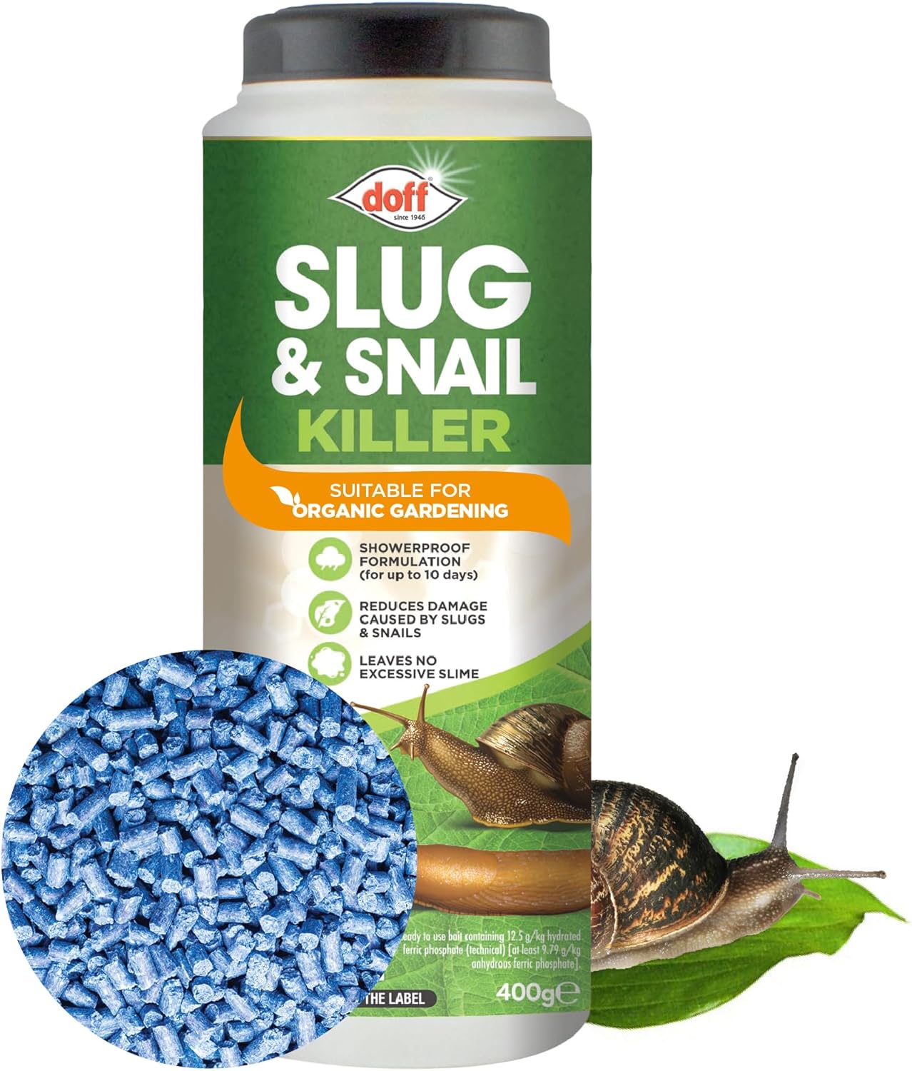 Doff Slug & Snail Killer - 400g Slug Pellets for Garden - Ferric Phosphate Slug and Snail Pellets - Long Lasting Pest Control in Damp Conditions for Up to 14 Days - Crop Friendly