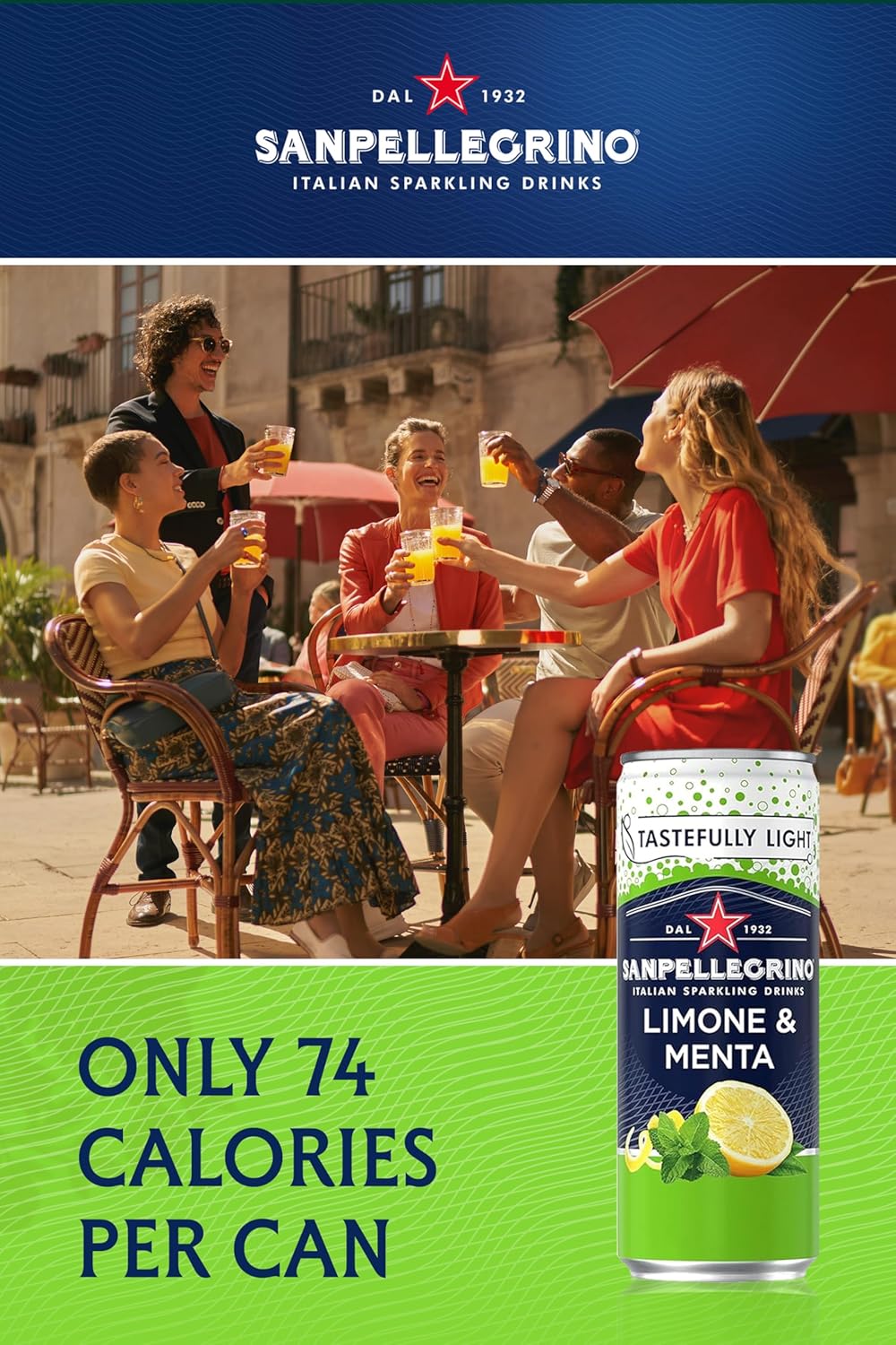 San Pellegrino Italian Sparkling Drinks Tastefully Light Sparkling Lemon & Mint Canned Soft Drink 12 x 330ml, 74 kCals per Can