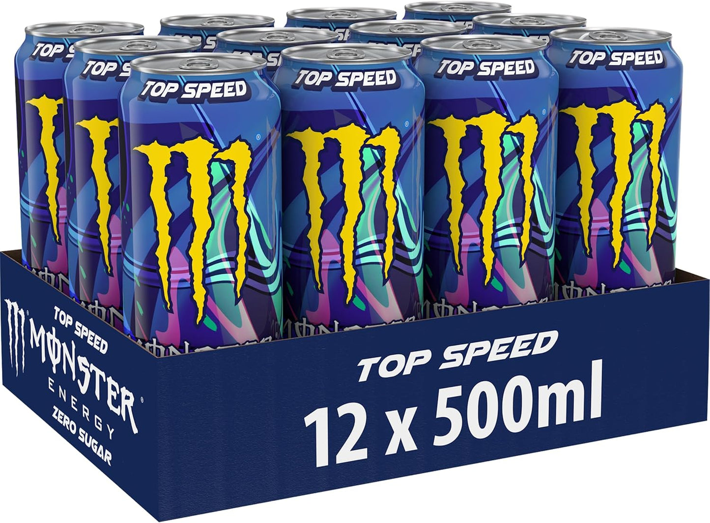 Monster Energy Top Speed Caffeinated Energy Drink with Refreshing Peach Nectarine Flavour - No Sugar and No Calories - in Practical Disposable Tins (12 x 500 ml)