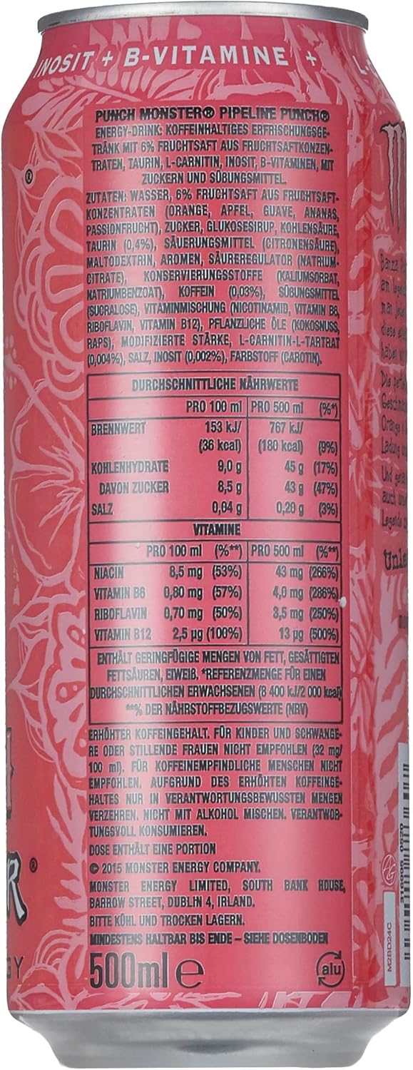 Monster Energy Pipeline Punch - Caffeinated Energy Drink with Refreshing Punch Flavour of Passion Fruit, Orange and Guava - in Practical Disposable Tins (12 x 500 ml)