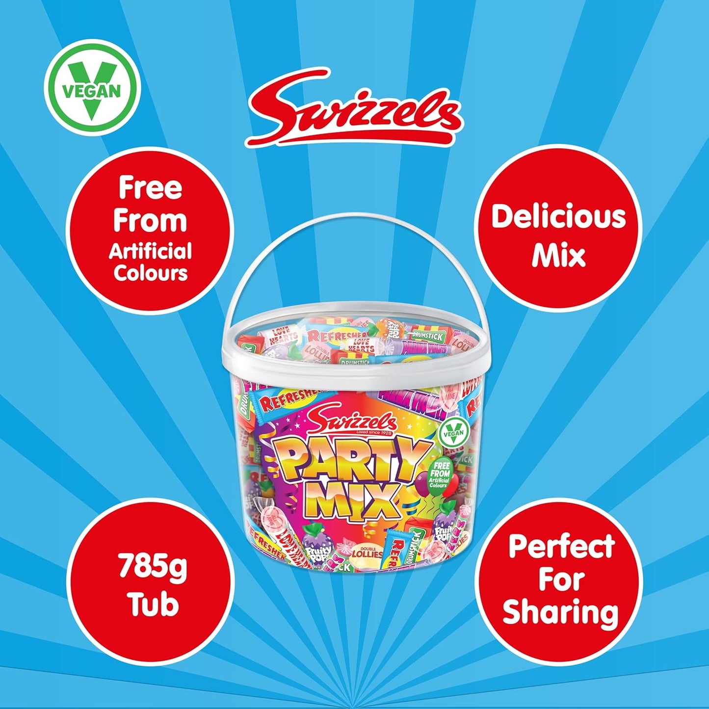 Swizzels Party Mix Tub 785g Retro Sweets in Bulk Vegan Friendly Family Favourite Sweets Ideal for Parties Birthdays Halloween Christmas large
