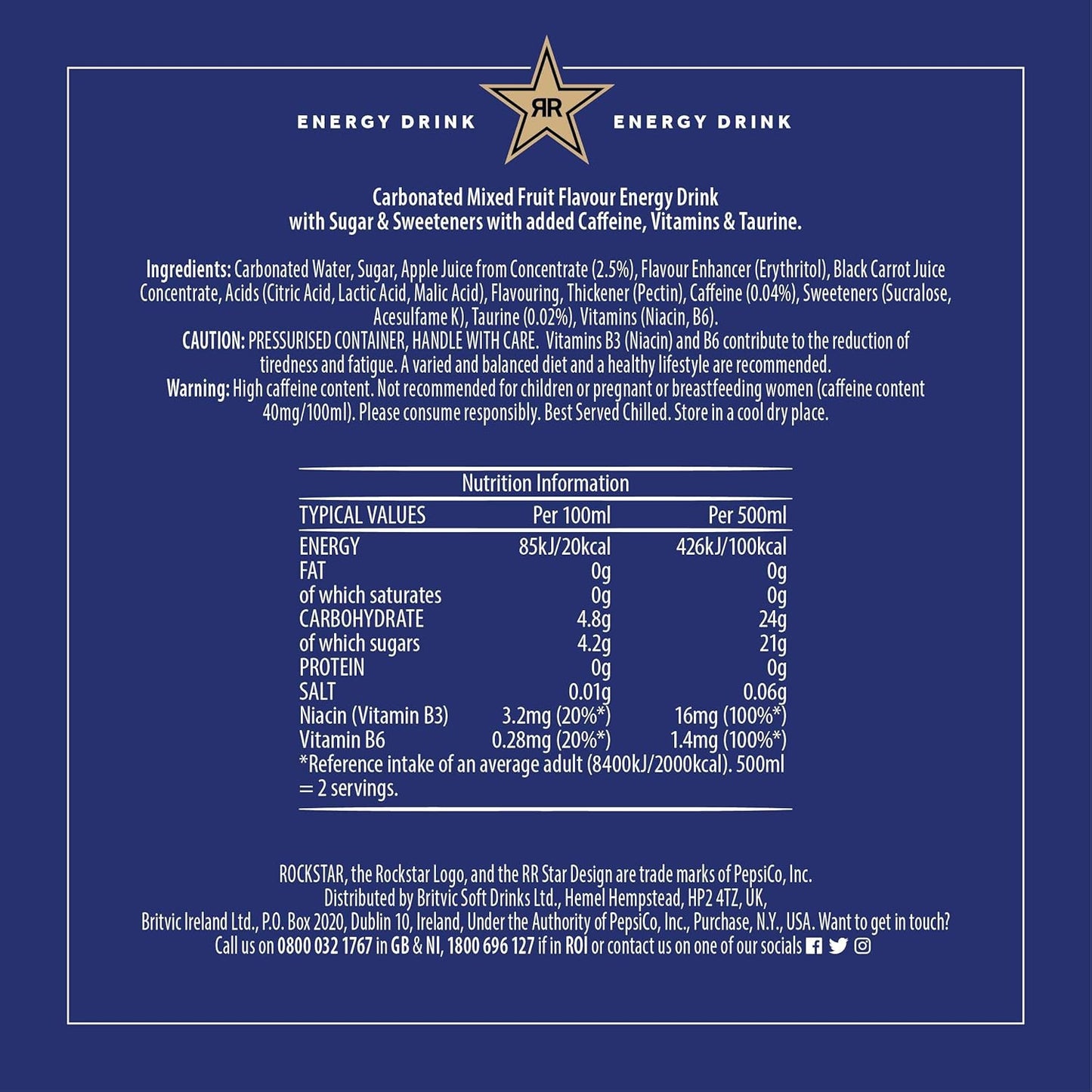 Rockstar XDurance Energy Drink, Blueberry Pomegranate and Acai, Non-Alcoholic, 200 mg Caffeine, Caffeinated Drink with Taurine, Guarana, Ginseng, and Vitamins, 12 x 500 ml cans