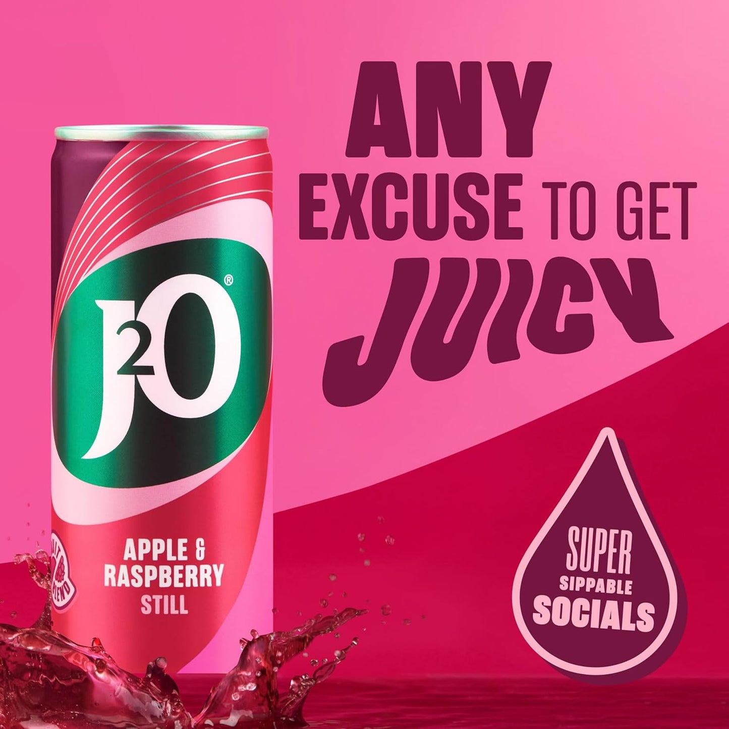 J2O Fruit Juice, Apple and Raspberry, 250ml Cans (Pack of 12)