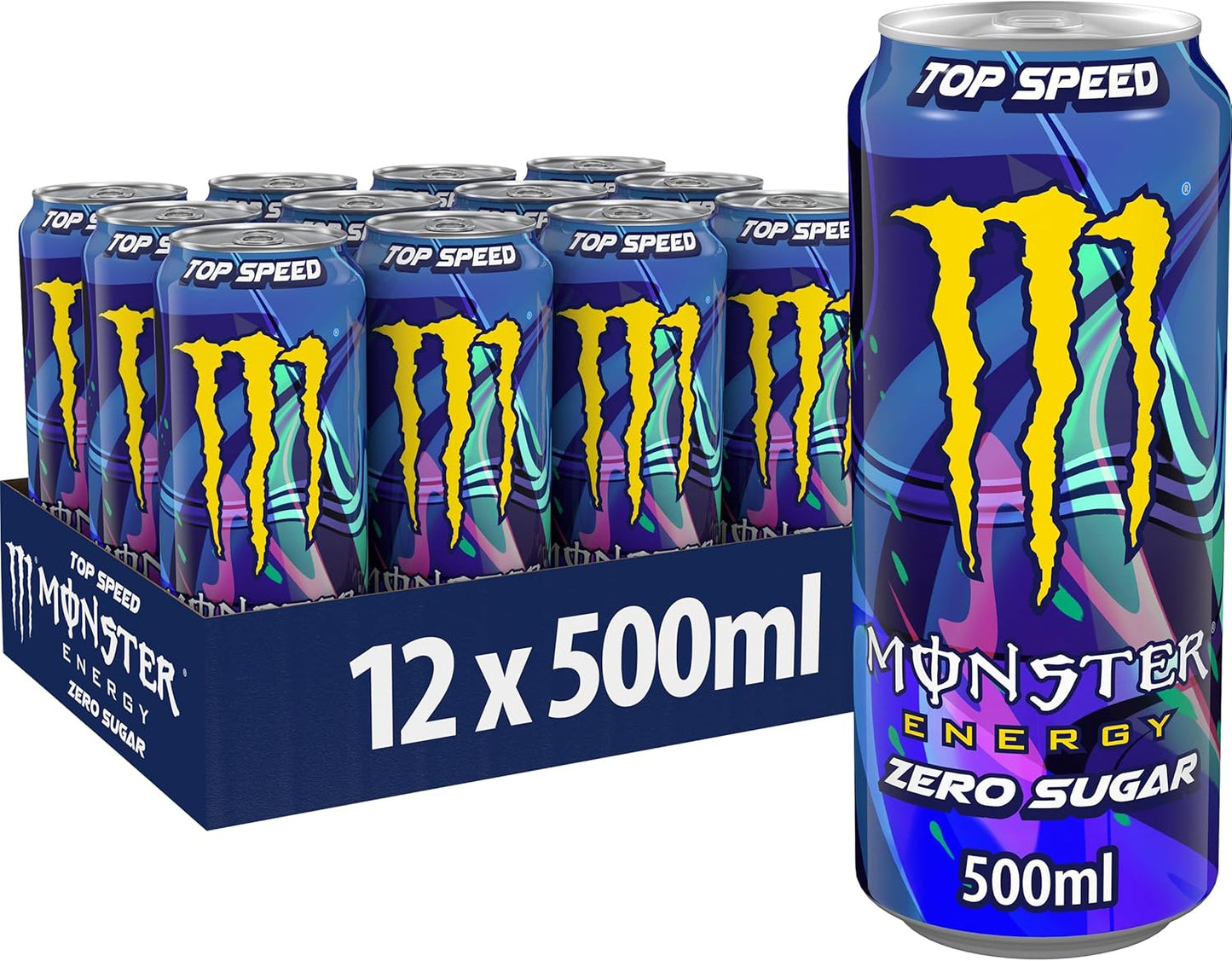Monster Energy Top Speed Caffeinated Energy Drink with Refreshing Peach Nectarine Flavour - No Sugar and No Calories - in Practical Disposable Tins (12 x 500 ml)