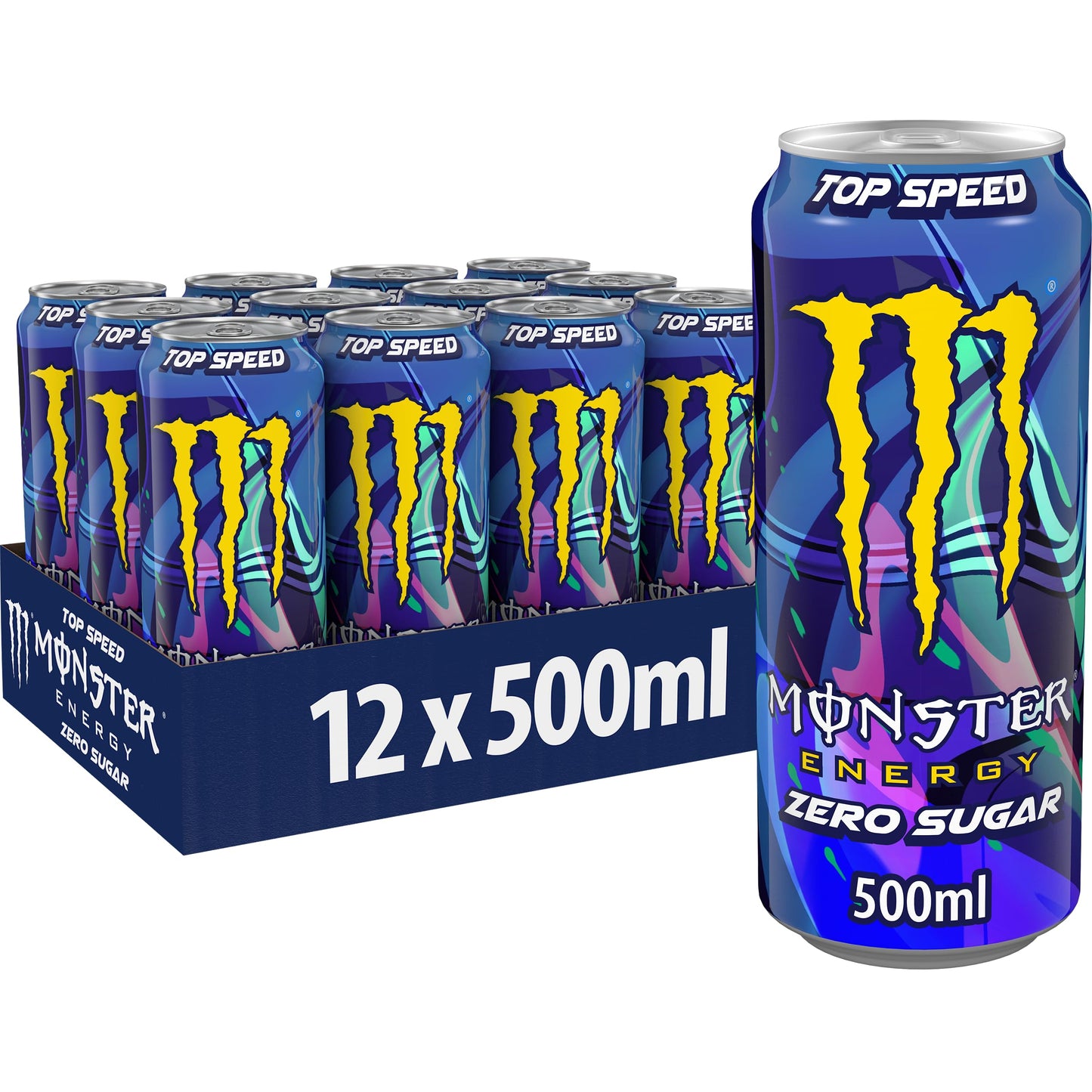 Monster Energy Top Speed Caffeinated Energy Drink with Refreshing Peach Nectarine Flavour - No Sugar and No Calories - in Practical Disposable Tins (12 x 500 ml)