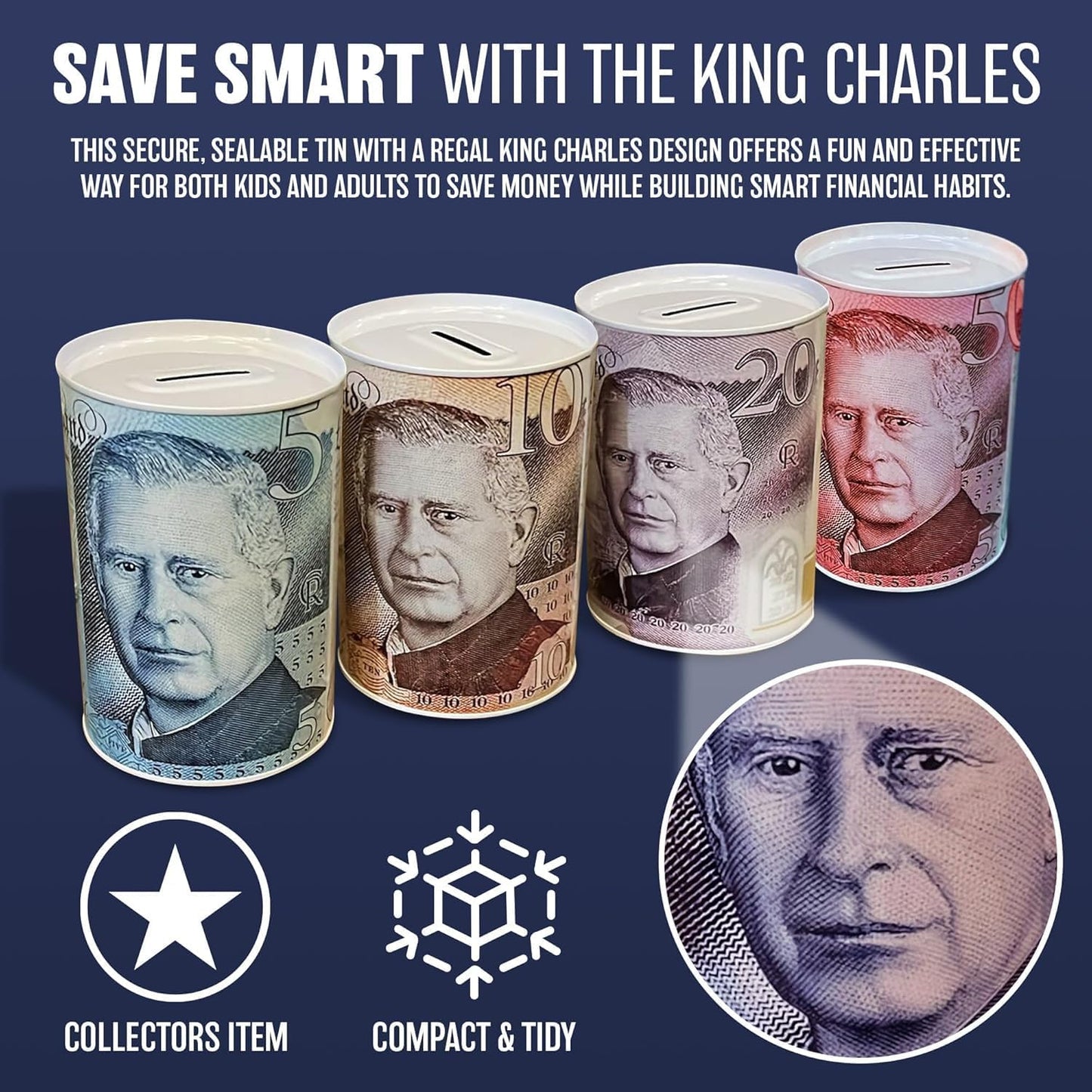 Set of 4 - Pound Note Design Money Tin - Piggy Bank Savings Box for Coins and Cash | Sterling Money Pot Tinplate Saving Money Box |£5 £10 £20 £50 | Size: 15cm x 10cm (King note design)