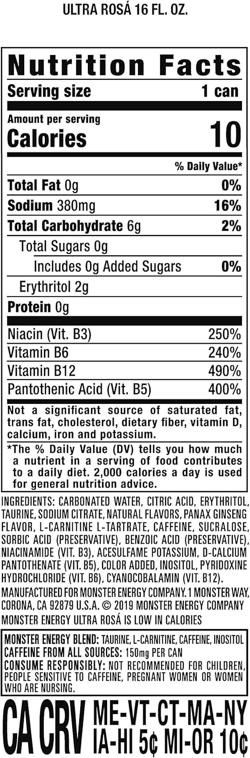 Monster Energy Ultra Rosá sugar-free energy drink, 473 ml (pack of 24).