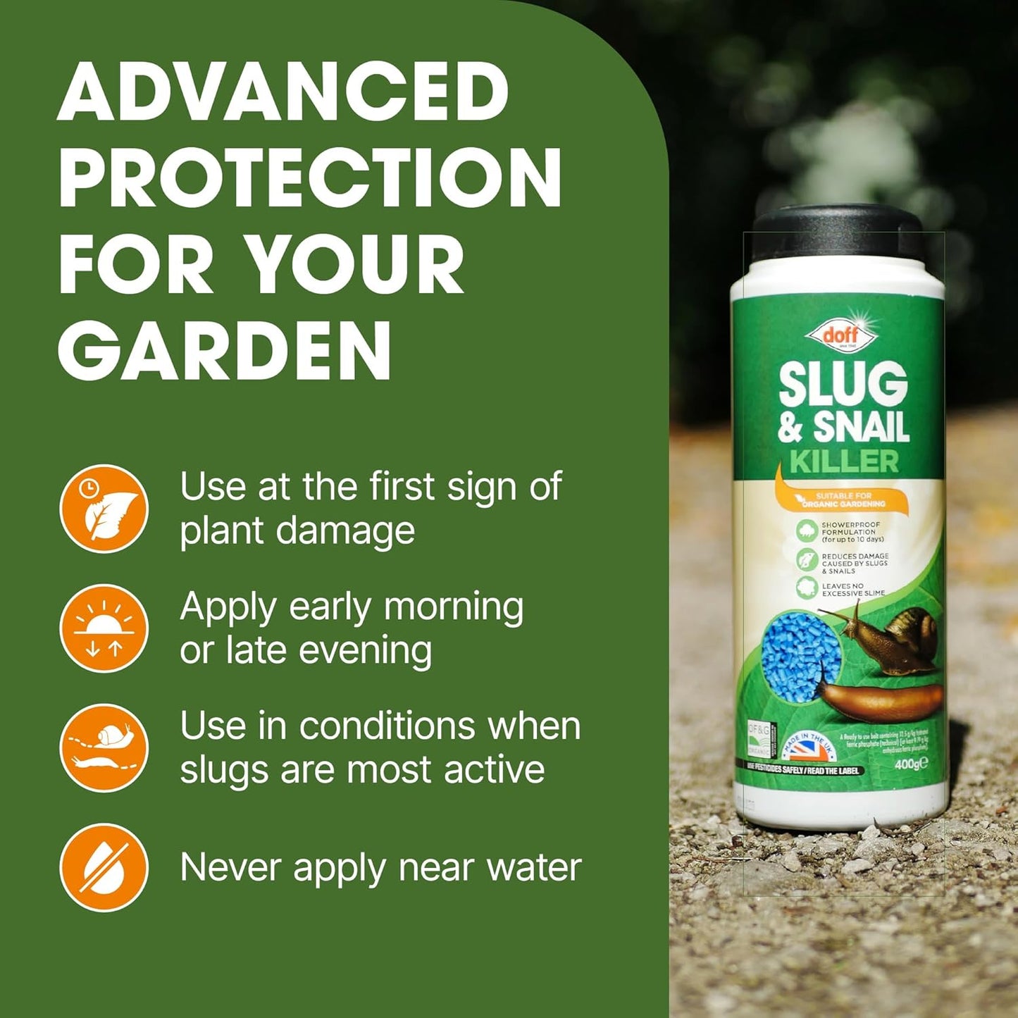 Doff Slug & Snail Killer - 400g Slug Pellets for Garden - Ferric Phosphate Slug and Snail Pellets - Long Lasting Pest Control in Damp Conditions for Up to 14 Days - Crop Friendly