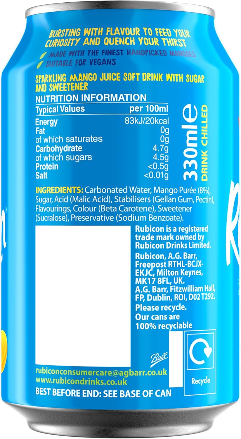 Rubicon 18 Pack Sparkling Mango Flavoured Fizzy Drink with Real Fruit Juice, Handpicked Fruits for a Temptingly Intense Taste "Made of Different Stuff" - 18 x 330ml Cans