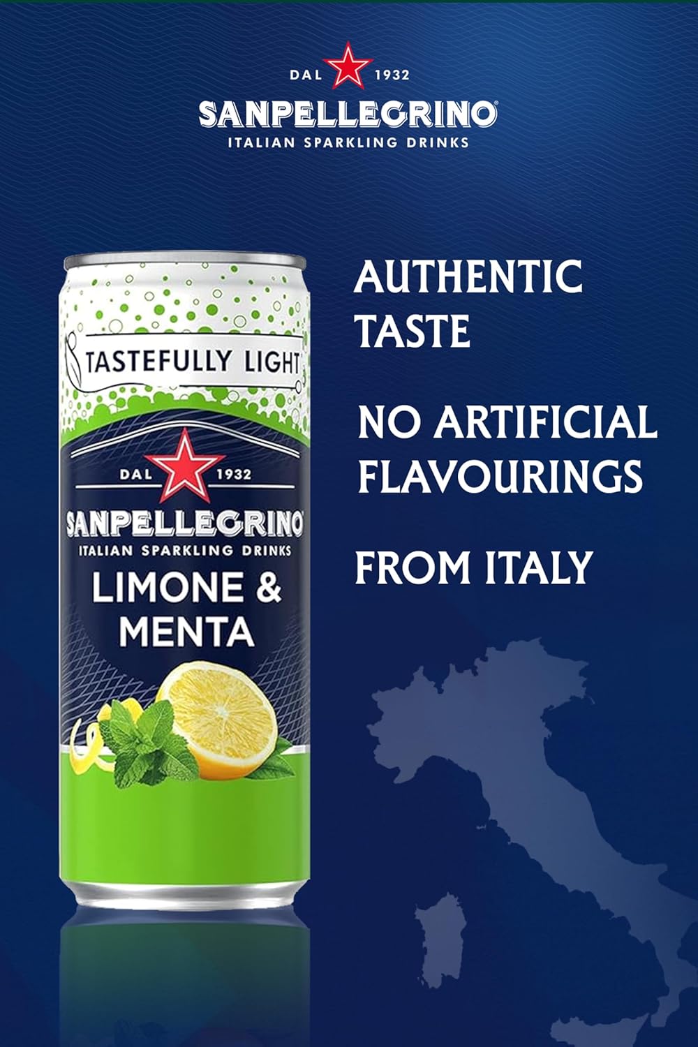San Pellegrino Italian Sparkling Drinks Tastefully Light Sparkling Lemon & Mint Canned Soft Drink 12 x 330ml, 74 kCals per Can