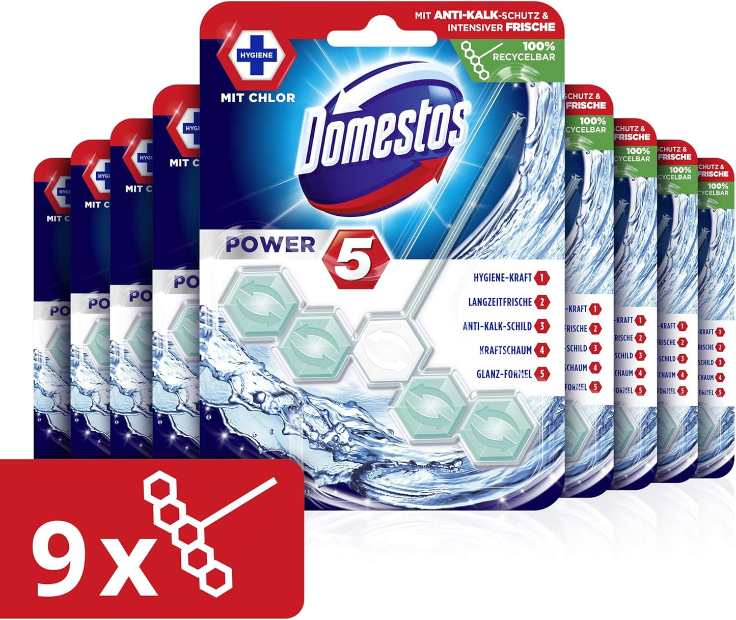 Domestos Power 5 Ocean Toilet Rim Blocks, Pack of 9