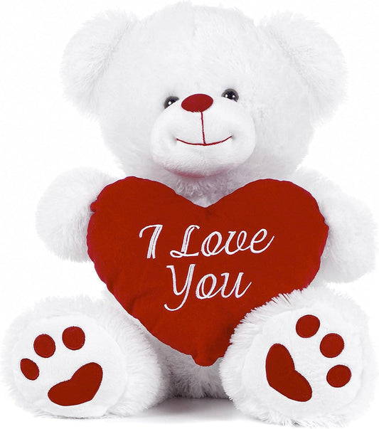 Paws White Teddy Bear holding Red Heart with I Love You written on it (White, 21")